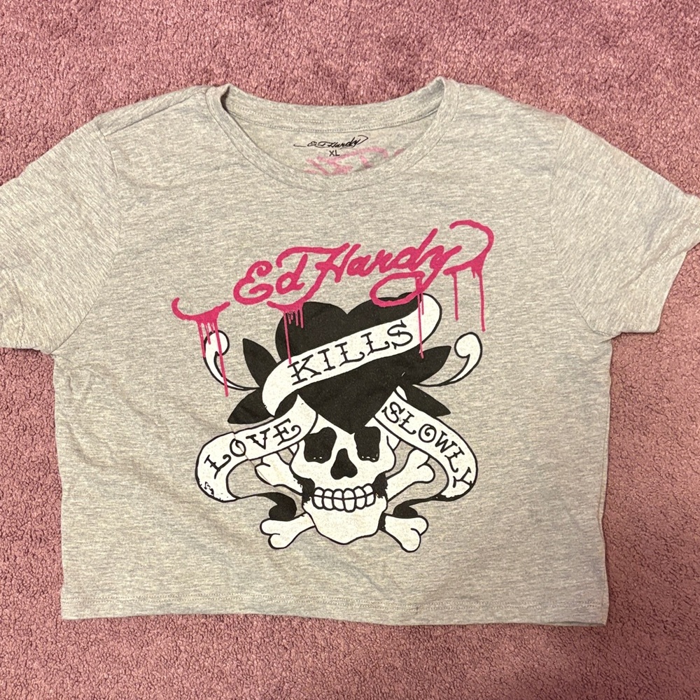 Ed Hardy Gray Crop Top with Pink Logo and Black Skull Graphic